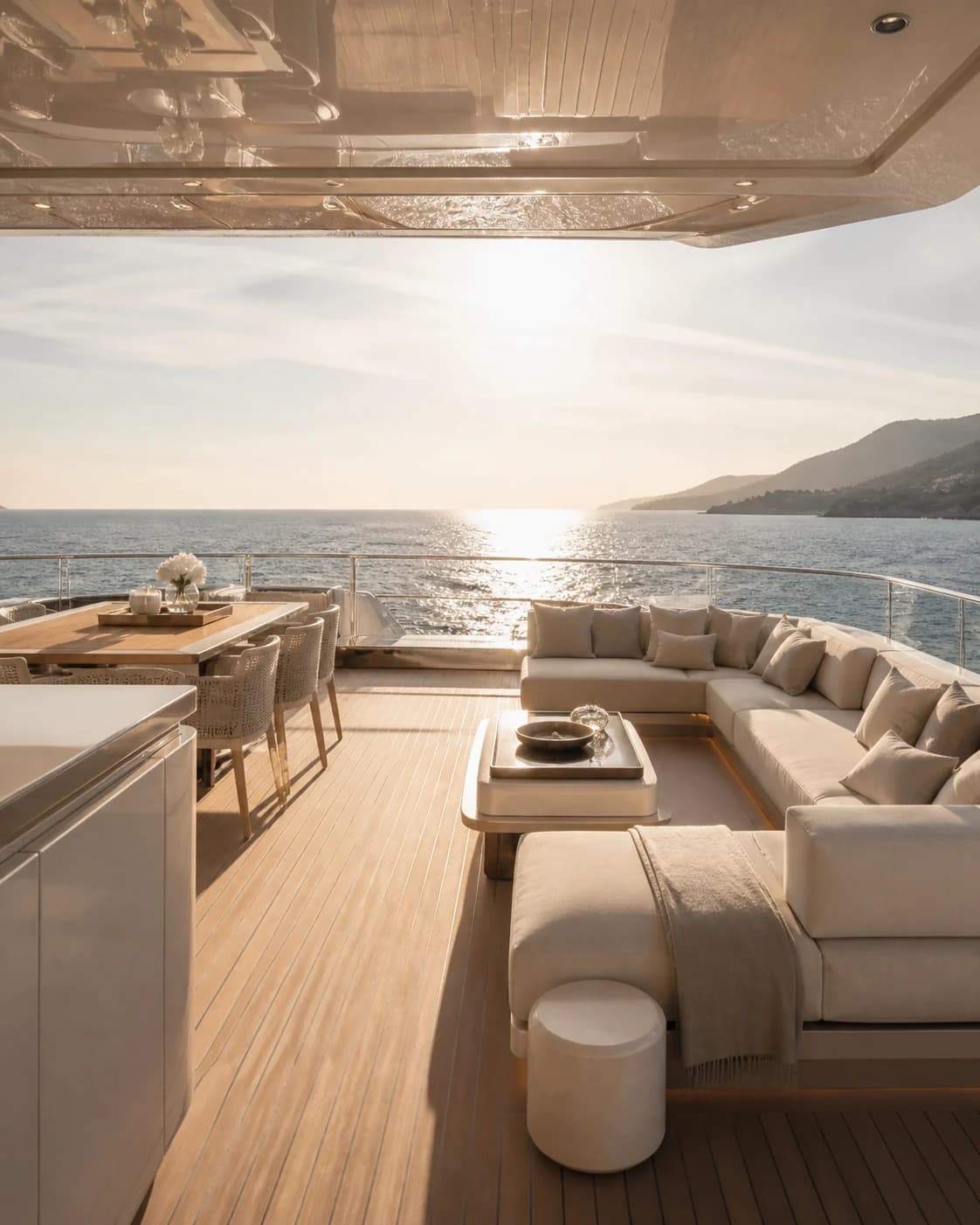 Sun deck of a superyacht with loungers overlooking the sea