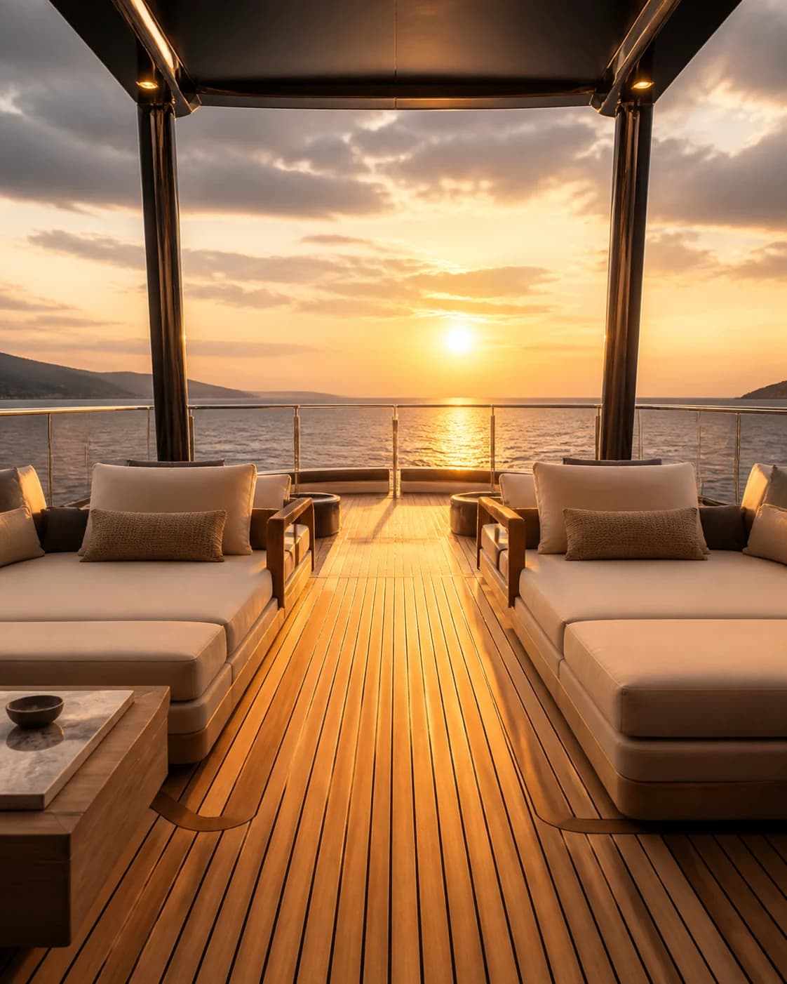 Teak deck with cushioned seating aboard a yacht